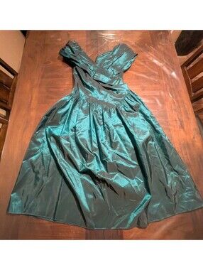 XS 1980s Alfred Angelo Teal Black Layered Lace Satin Evening Gown Prom Dress VTG